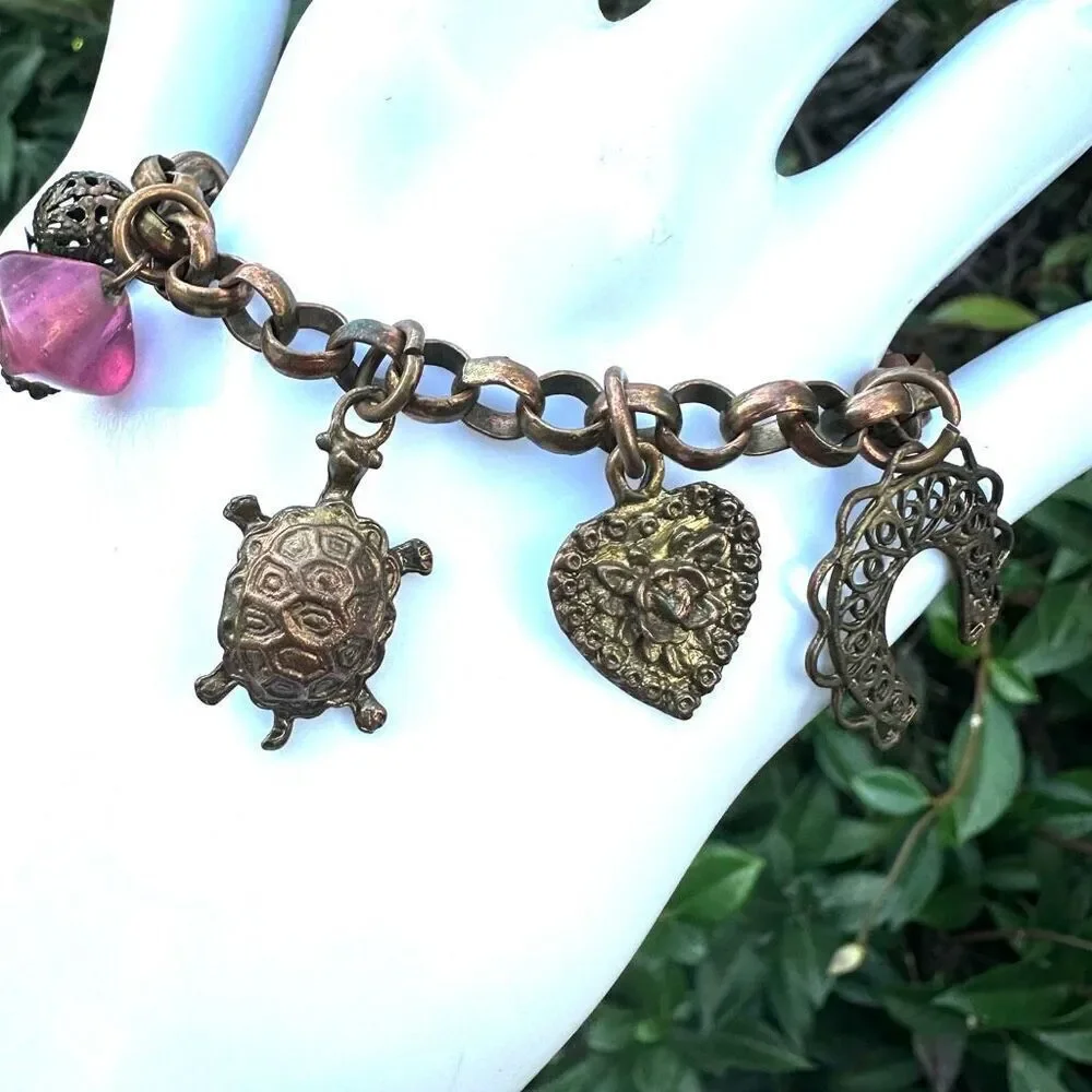 Brass  copper Charm Bracelet Pink Beads Turtle Heart Elephant Locket Horseshoe